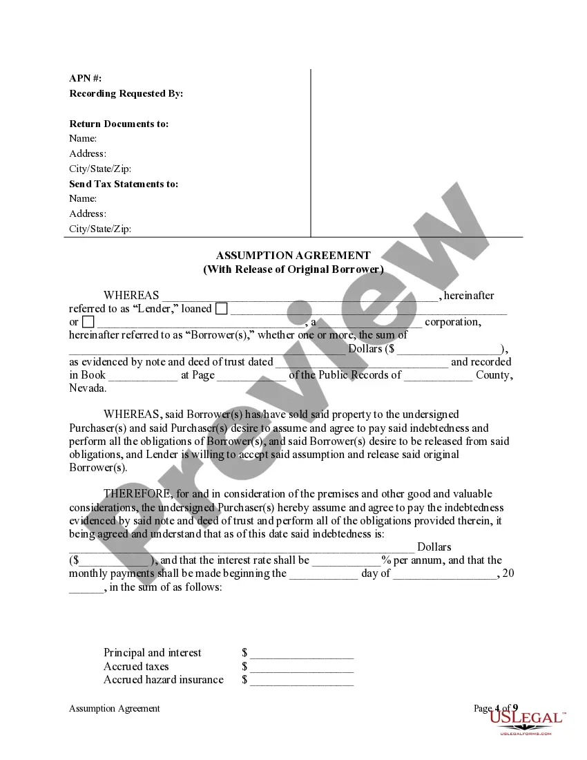 Preview Assumption Agreement of Deed of Trust and Release of Original Mortgagors