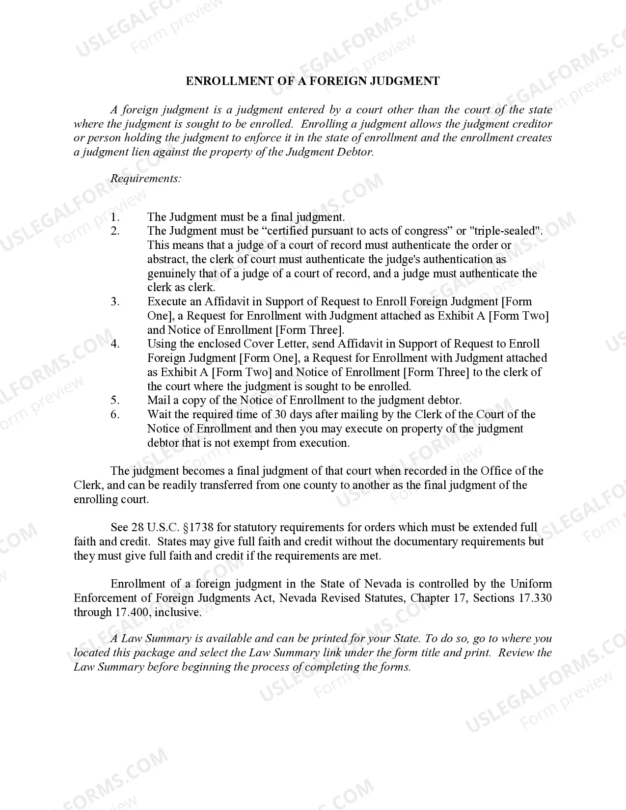 Preview Nevada Foreign Judgment Enrollment