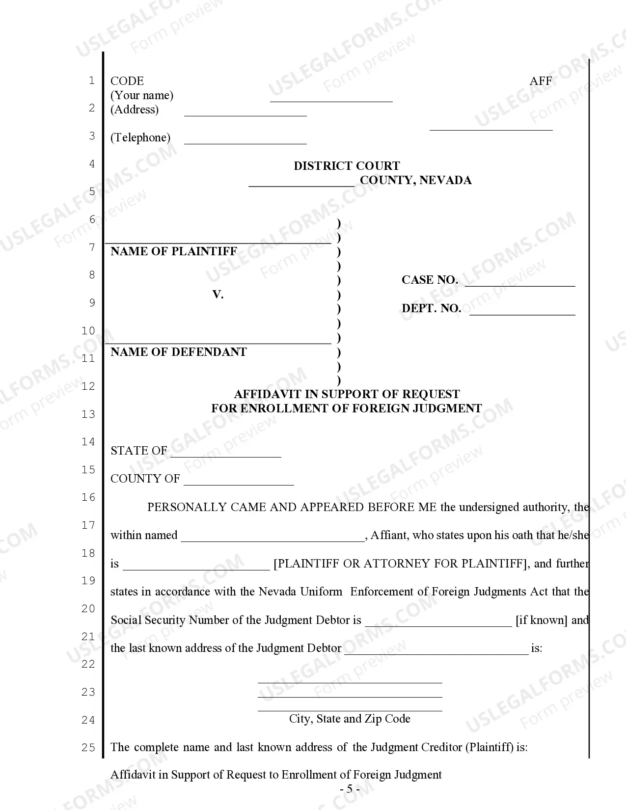 Preview Nevada Foreign Judgment Enrollment