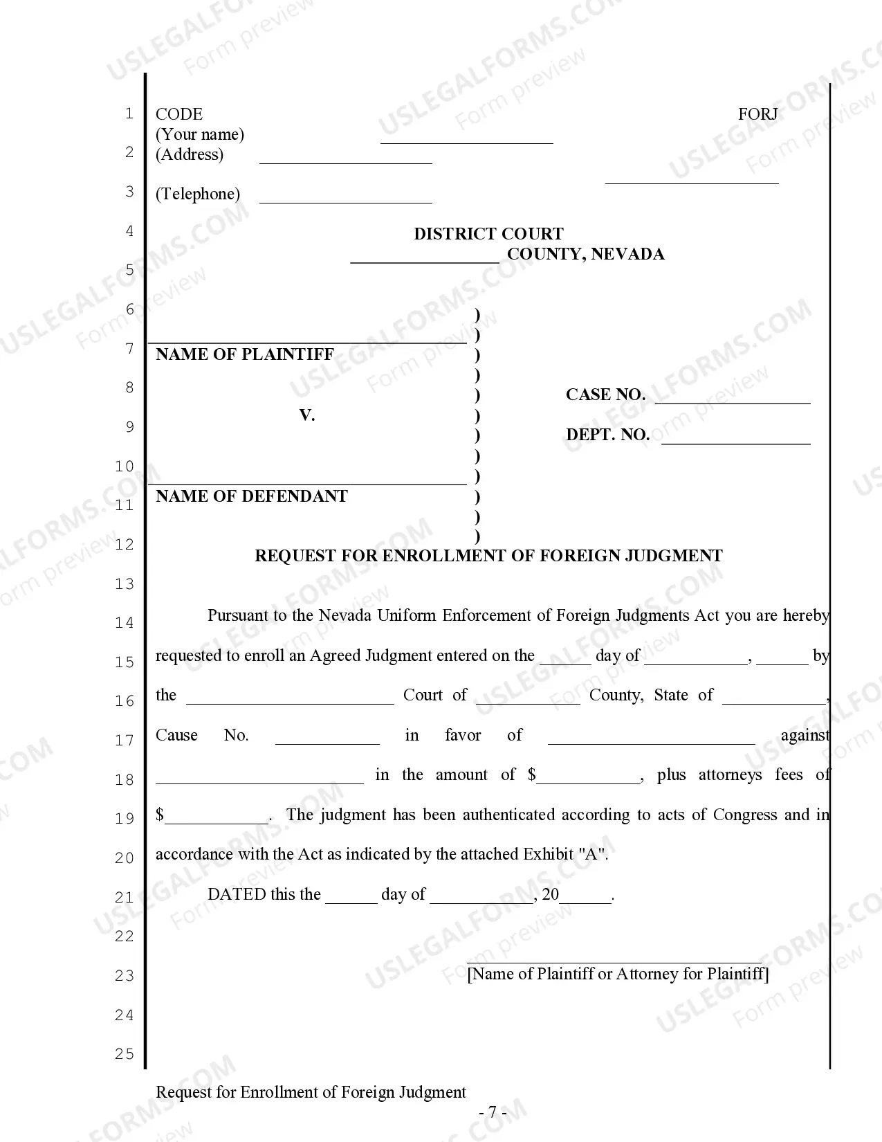 Preview Nevada Foreign Judgment Enrollment