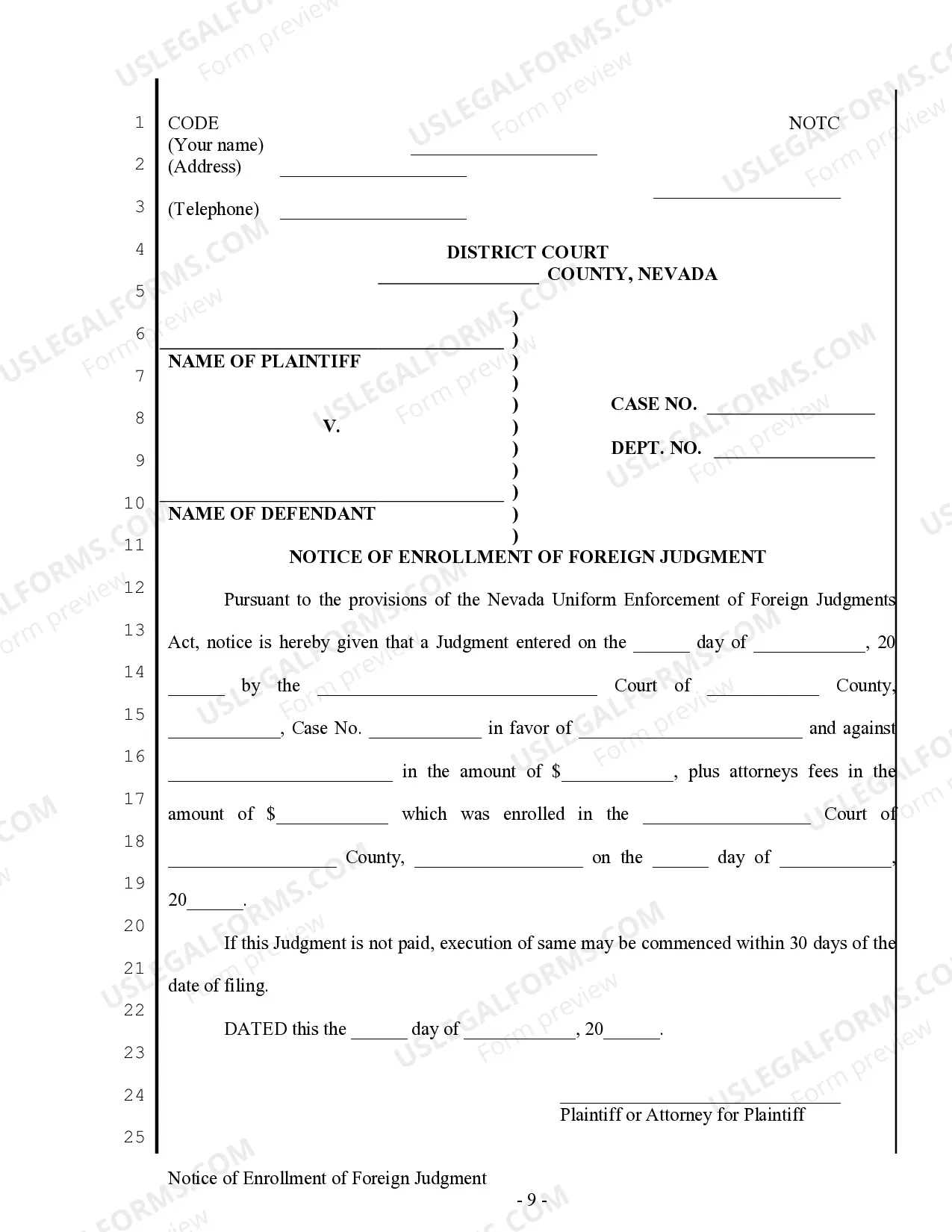 Preview Nevada Foreign Judgment Enrollment