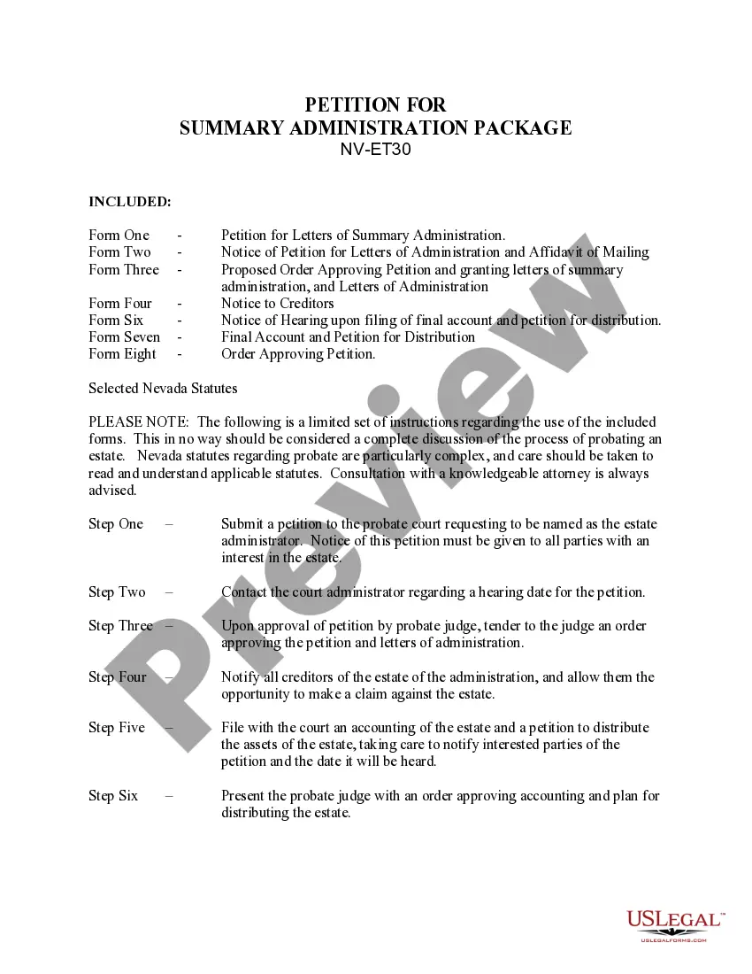 Preview Summary Administration Package for Estates Valued at $300,000 or Less - Small Estates