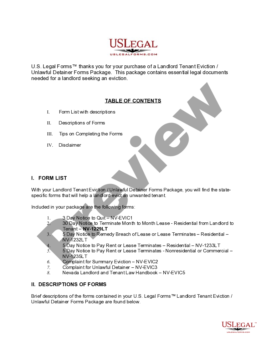 Nevada Landlord Tenant Eviction / Unlawful Detainer Forms Package