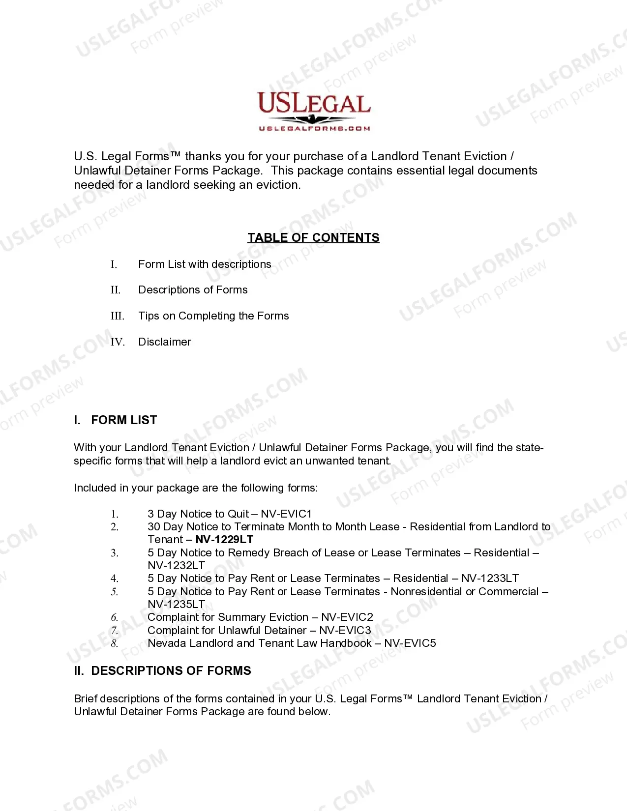 Preview Nevada Landlord Tenant Eviction / Unlawful Detainer Forms Package