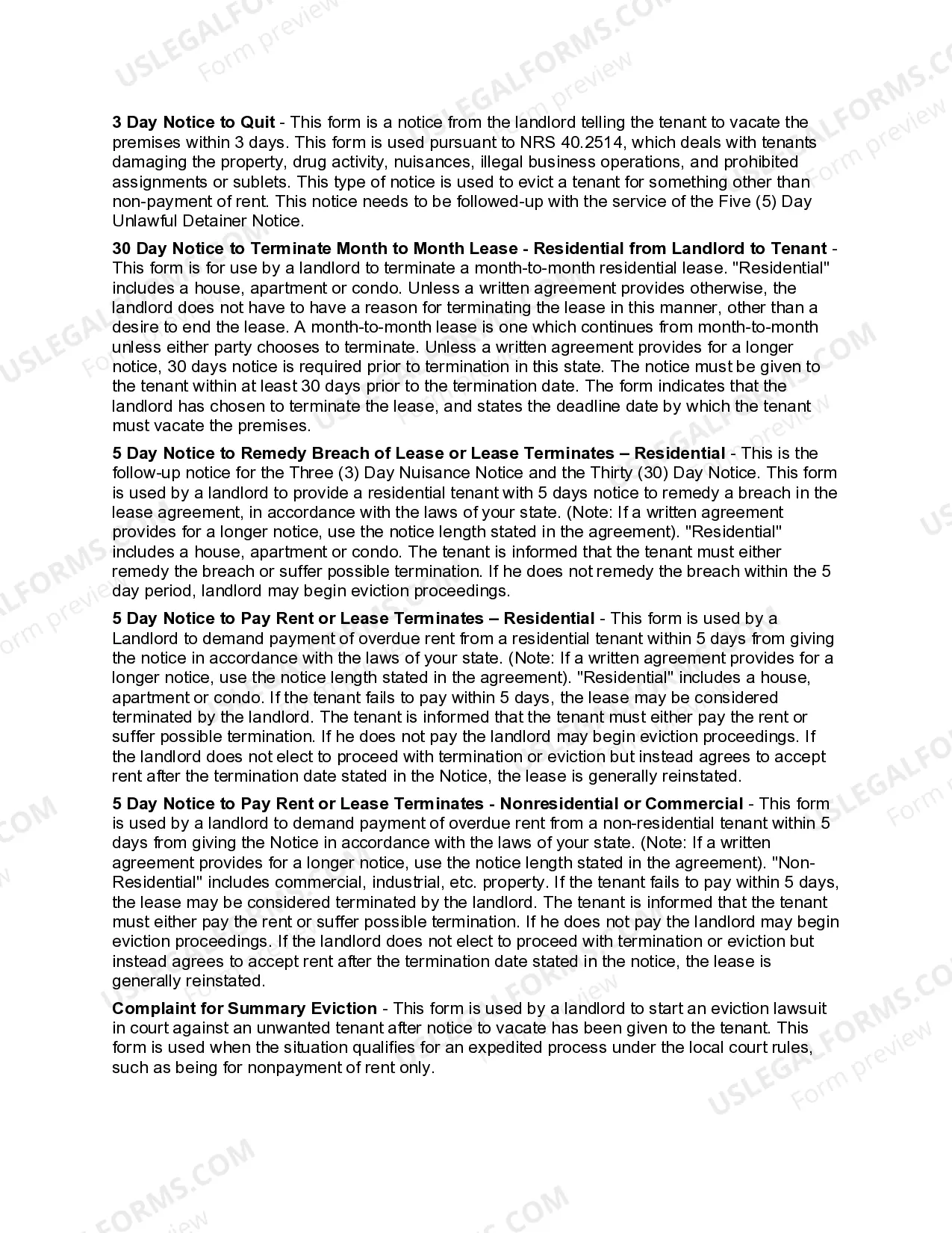 Preview Nevada Landlord Tenant Eviction / Unlawful Detainer Forms Package