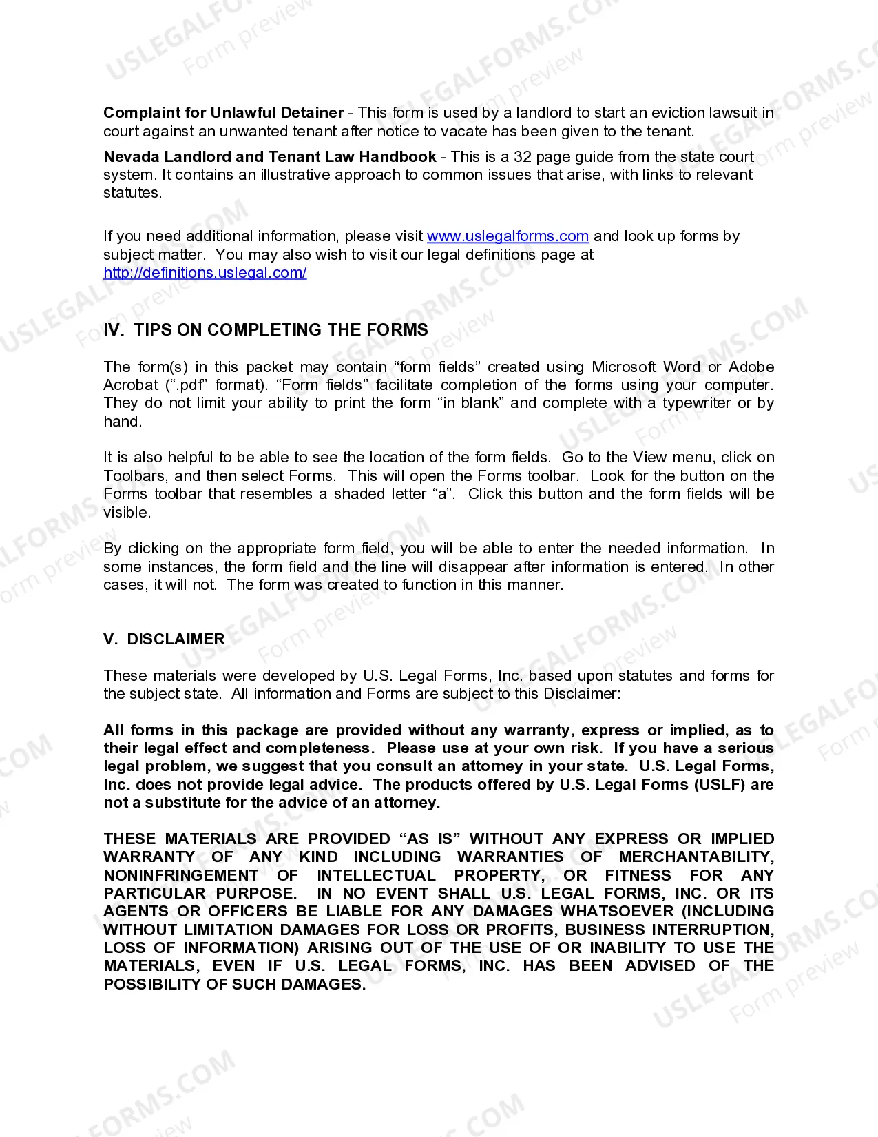 Preview Nevada Landlord Tenant Eviction / Unlawful Detainer Forms Package