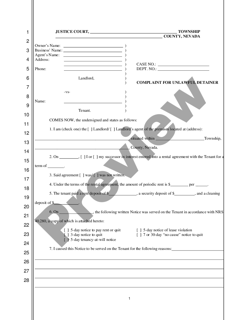 Nevada Complaint for Unlawful Detainer | US Legal Forms