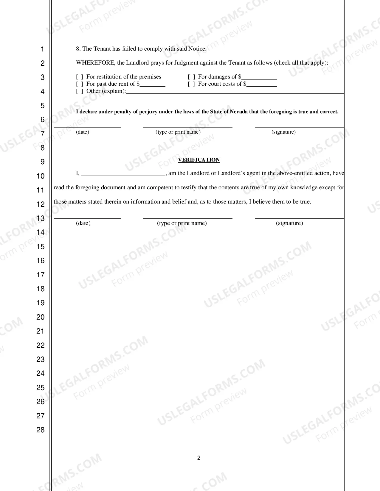 Preview Nevada Complaint for Unlawful Detainer