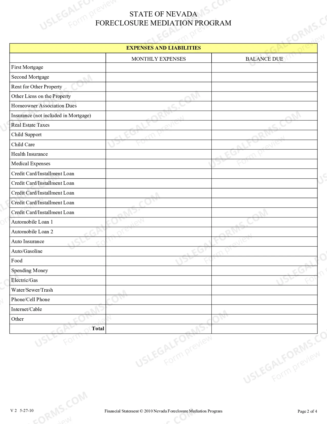 Preview Nevada Foreclosure Mediation Election / Waiver, Worksheet, and Financial Statement