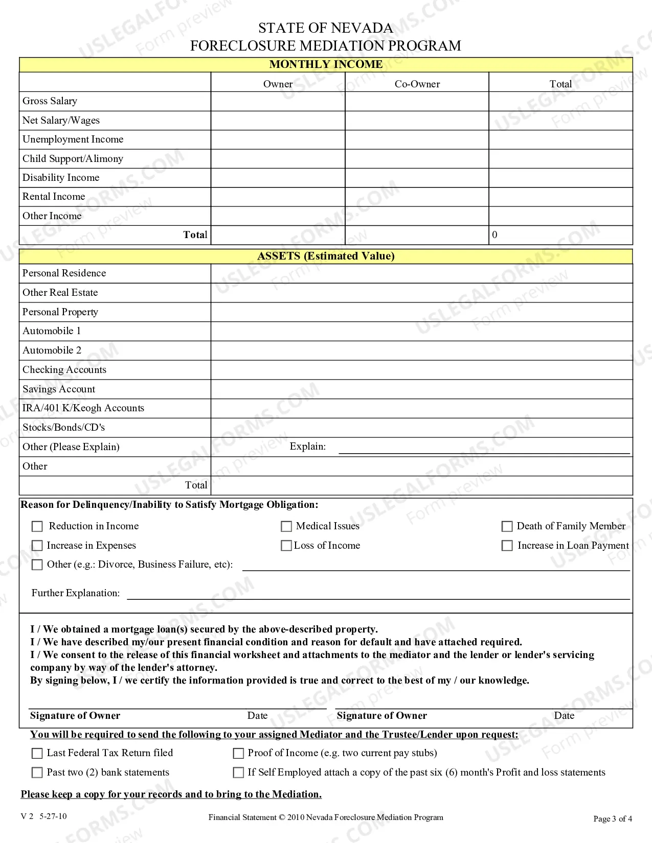 Preview Nevada Foreclosure Mediation Election / Waiver, Worksheet, and Financial Statement