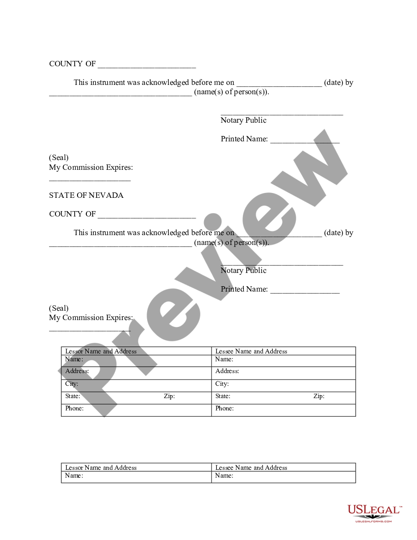 Nevada Notice of Lease for Recording Nevada Lease Agreement US
