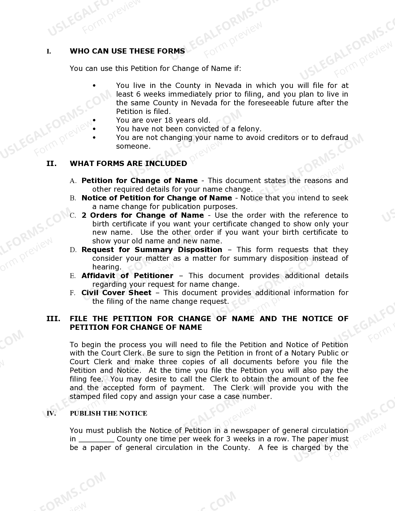 Nevada Name Change Instructions and Forms Package for an Adult Name