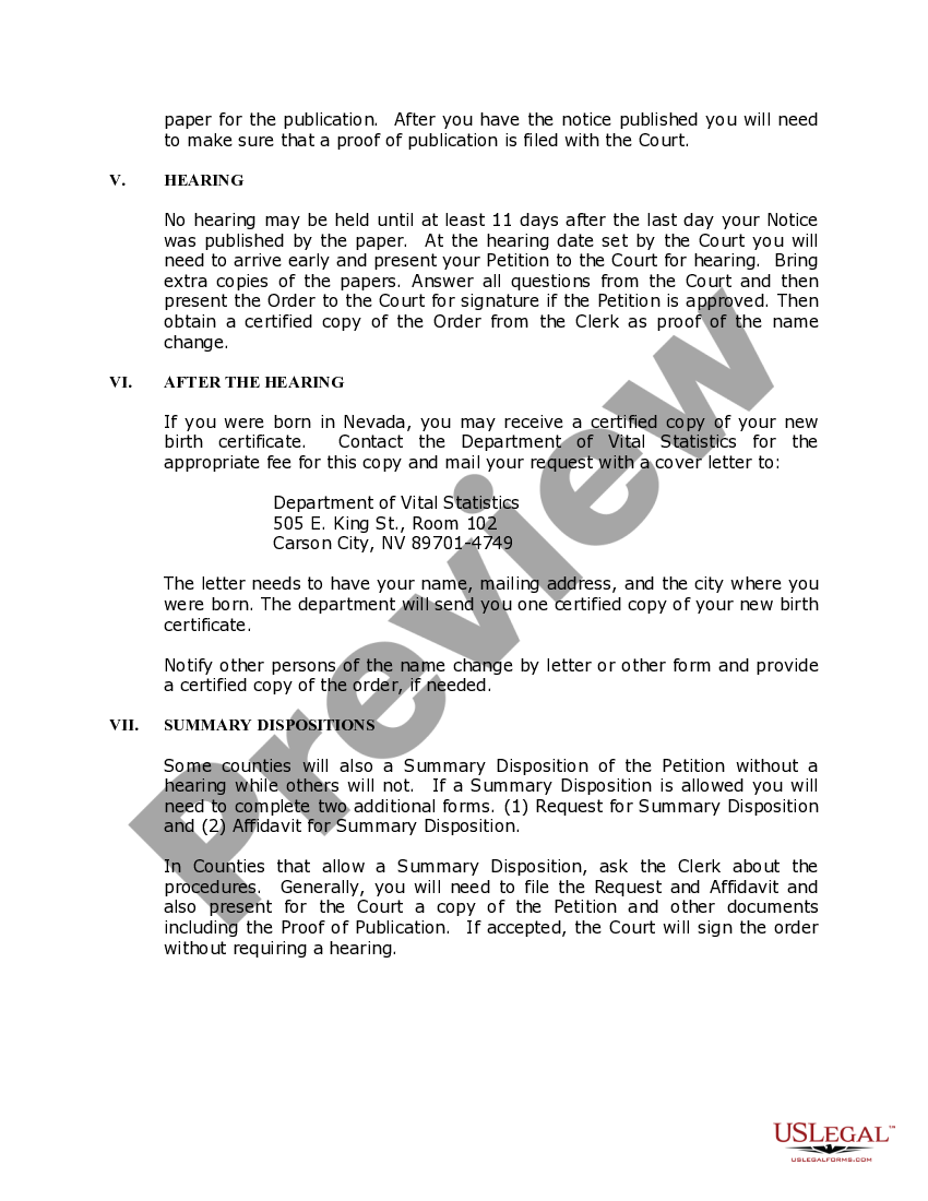 Nevada Name Change Instructions and Forms Package for an Adult Name