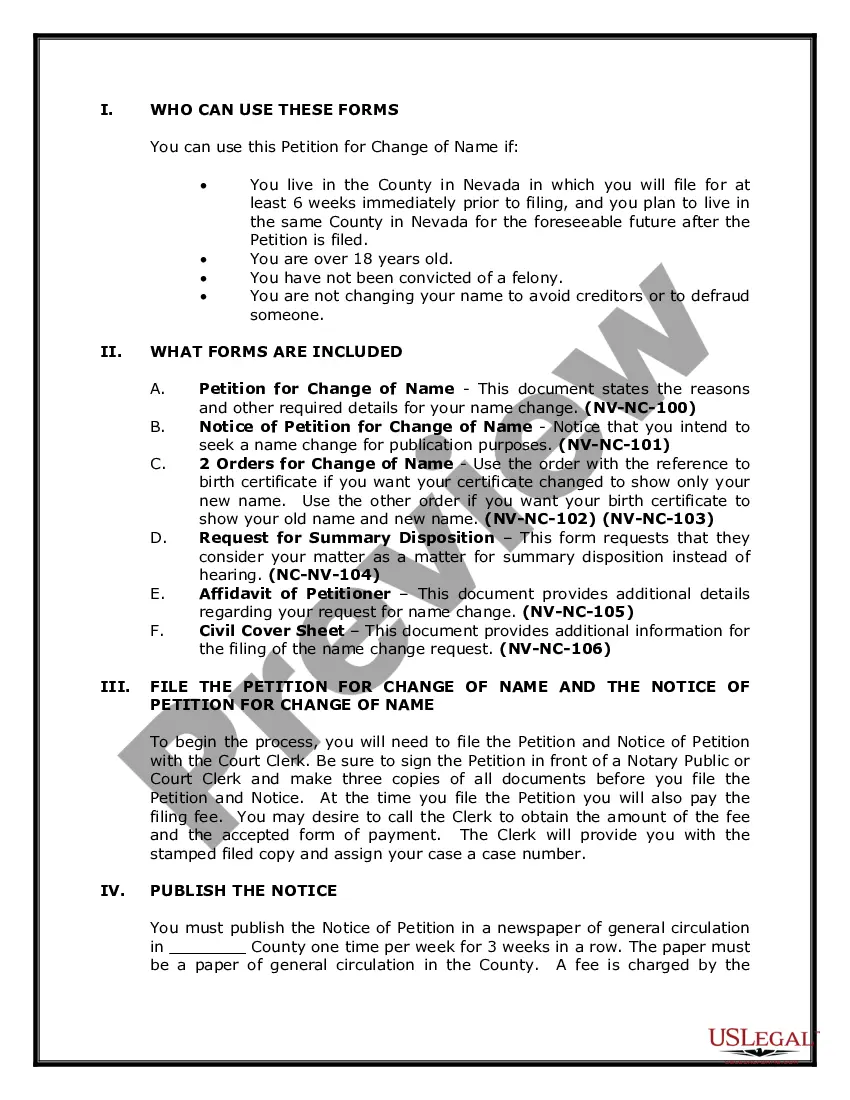 Preview Nevada Name Change Instructions and Forms Package for an Adult