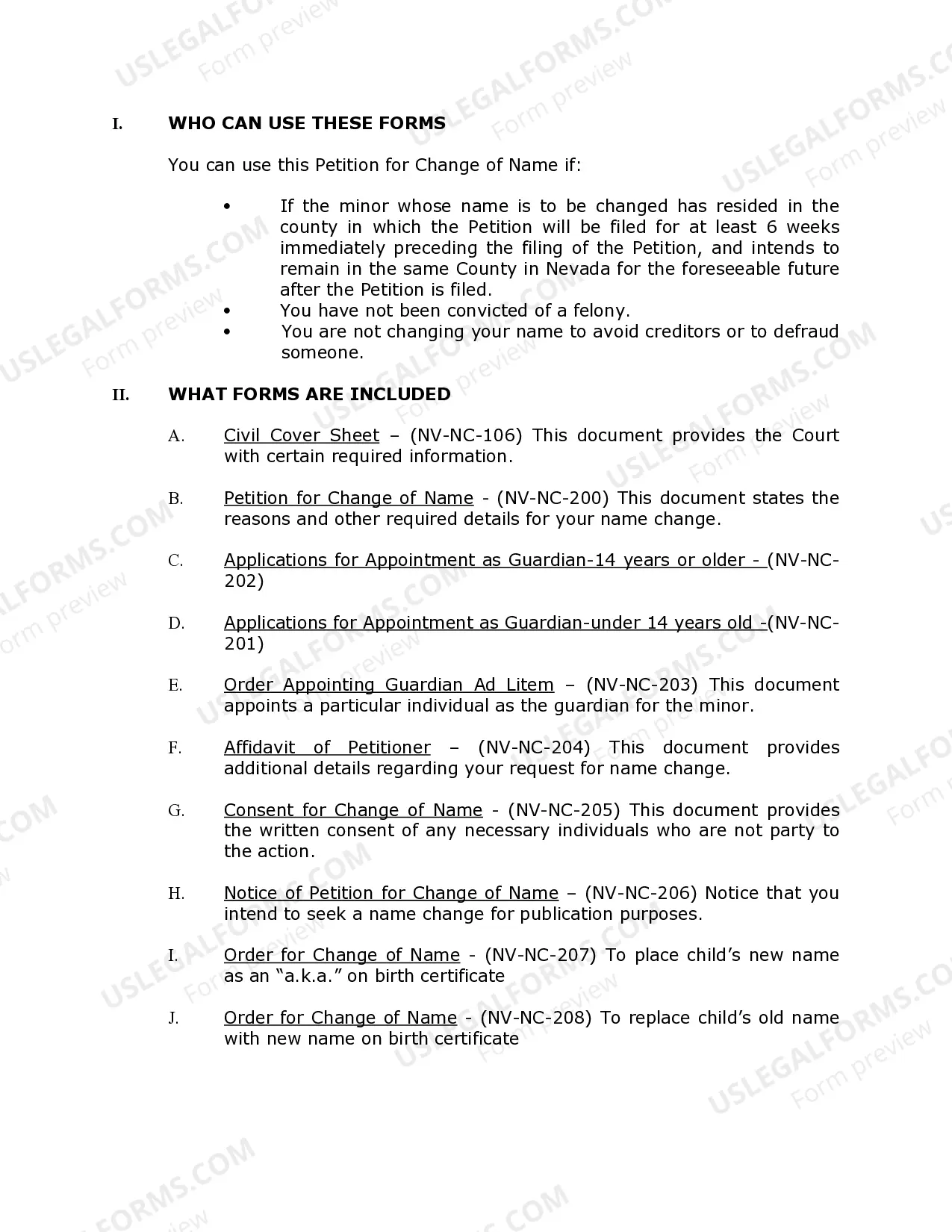 Preview Nevada Name Change Instructions and Forms Package for a Minor