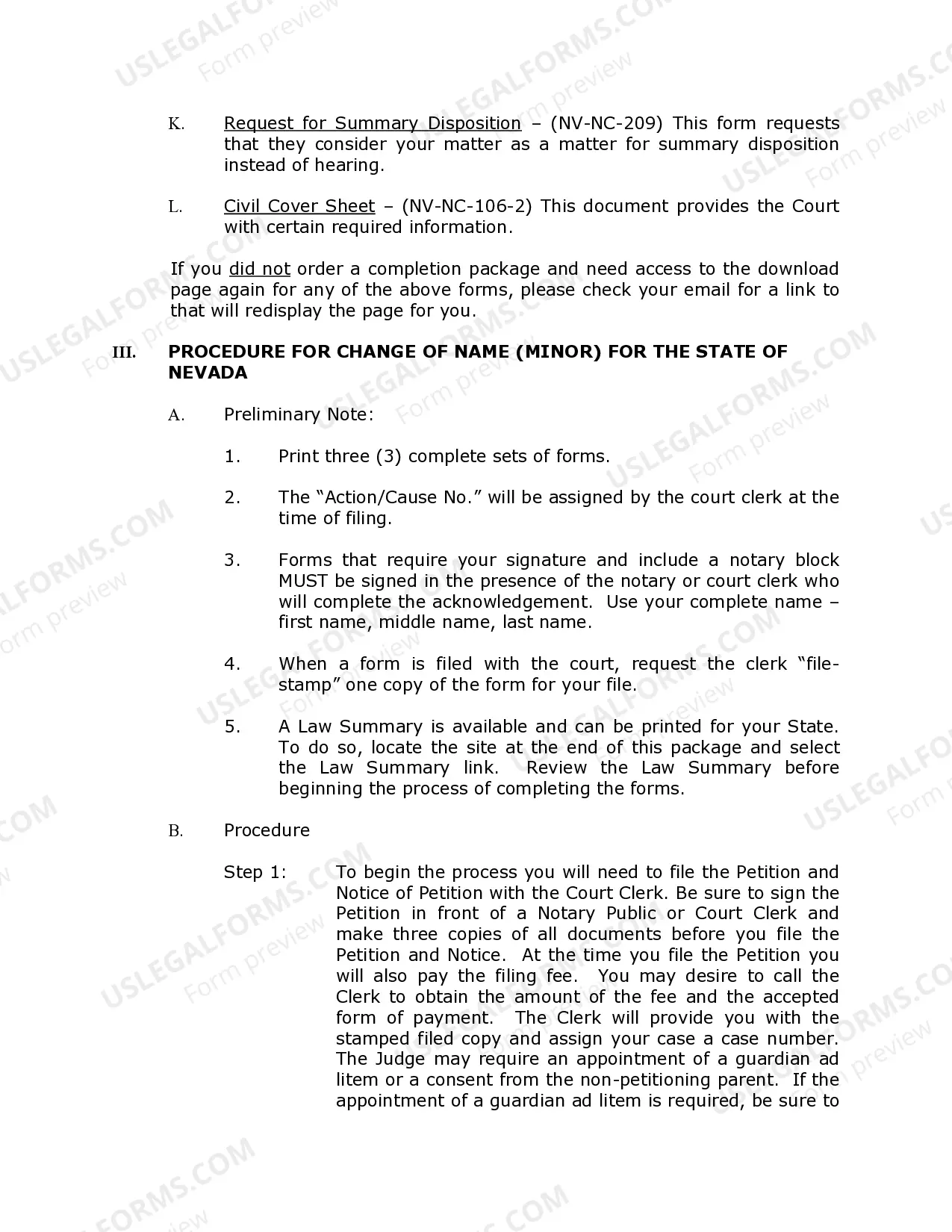 Preview Nevada Name Change Instructions and Forms Package for a Minor