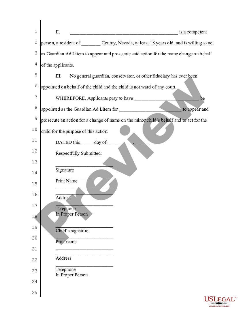 Nevada Application for Appointment as Guardian Ad Litem for Name Change ...