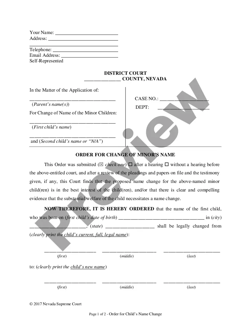 Nevada Order for Change of Name for Minor | US Legal Forms