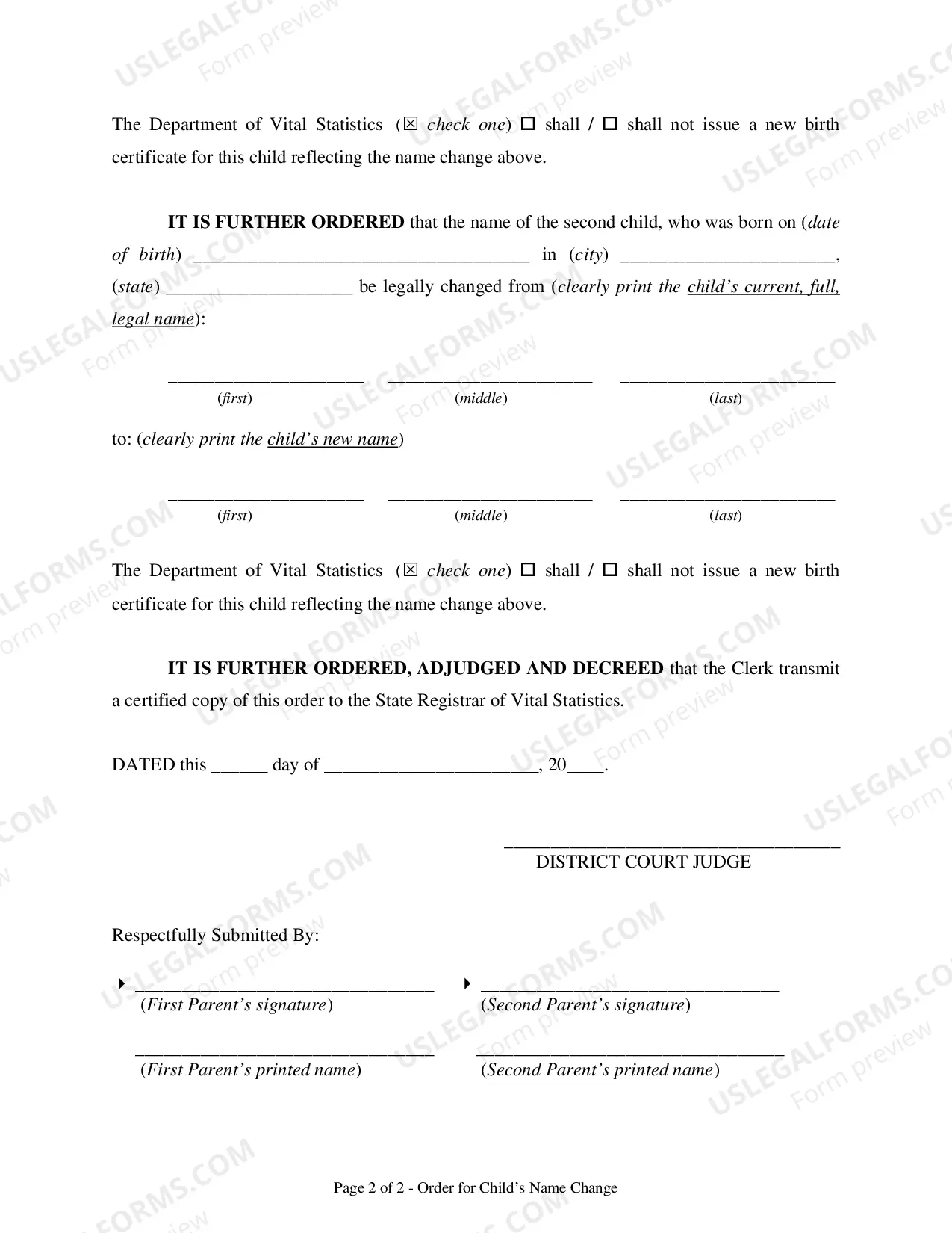 Preview Order for Change of Name for Minor