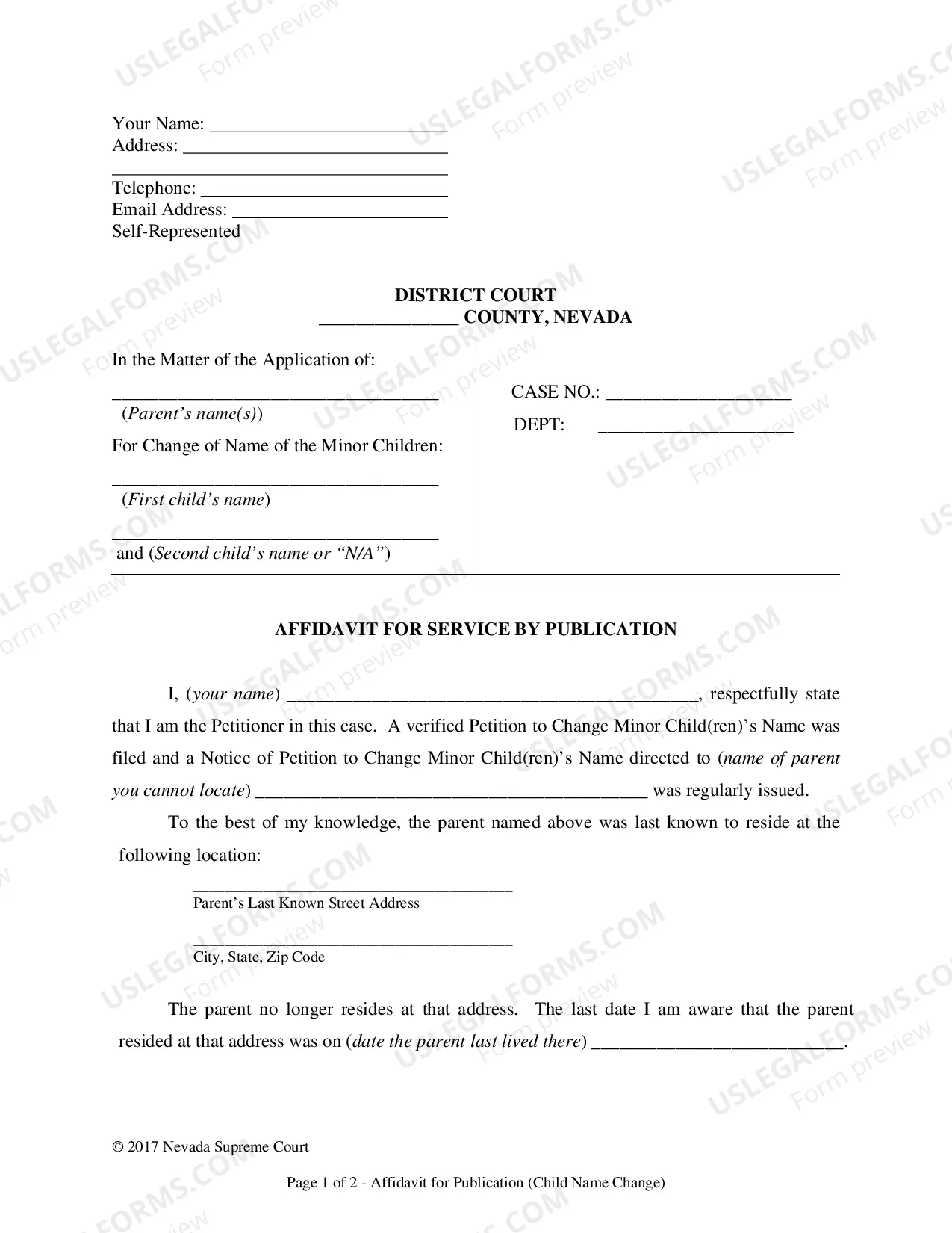 Preview Affidavit for Service by Publication for Minor Name Change