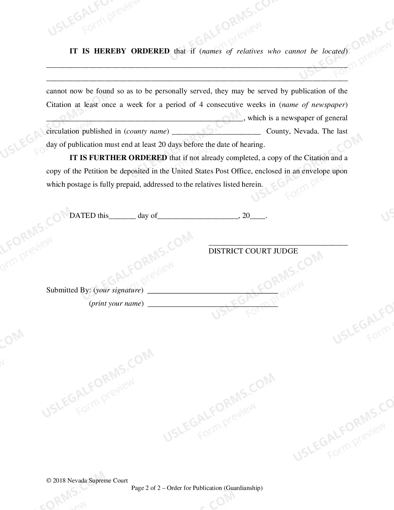 Preview Order for Service by Publication for Minor Name Change