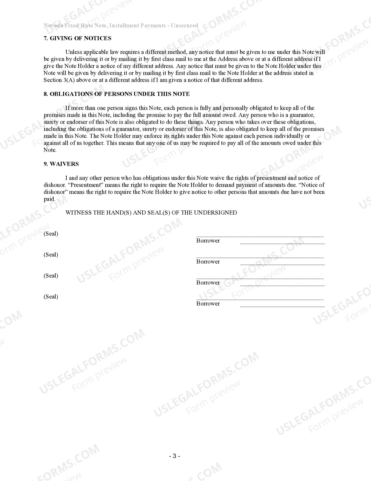 Preview Nevada Unsecured Installment Payment Promissory Note for Fixed Rate
