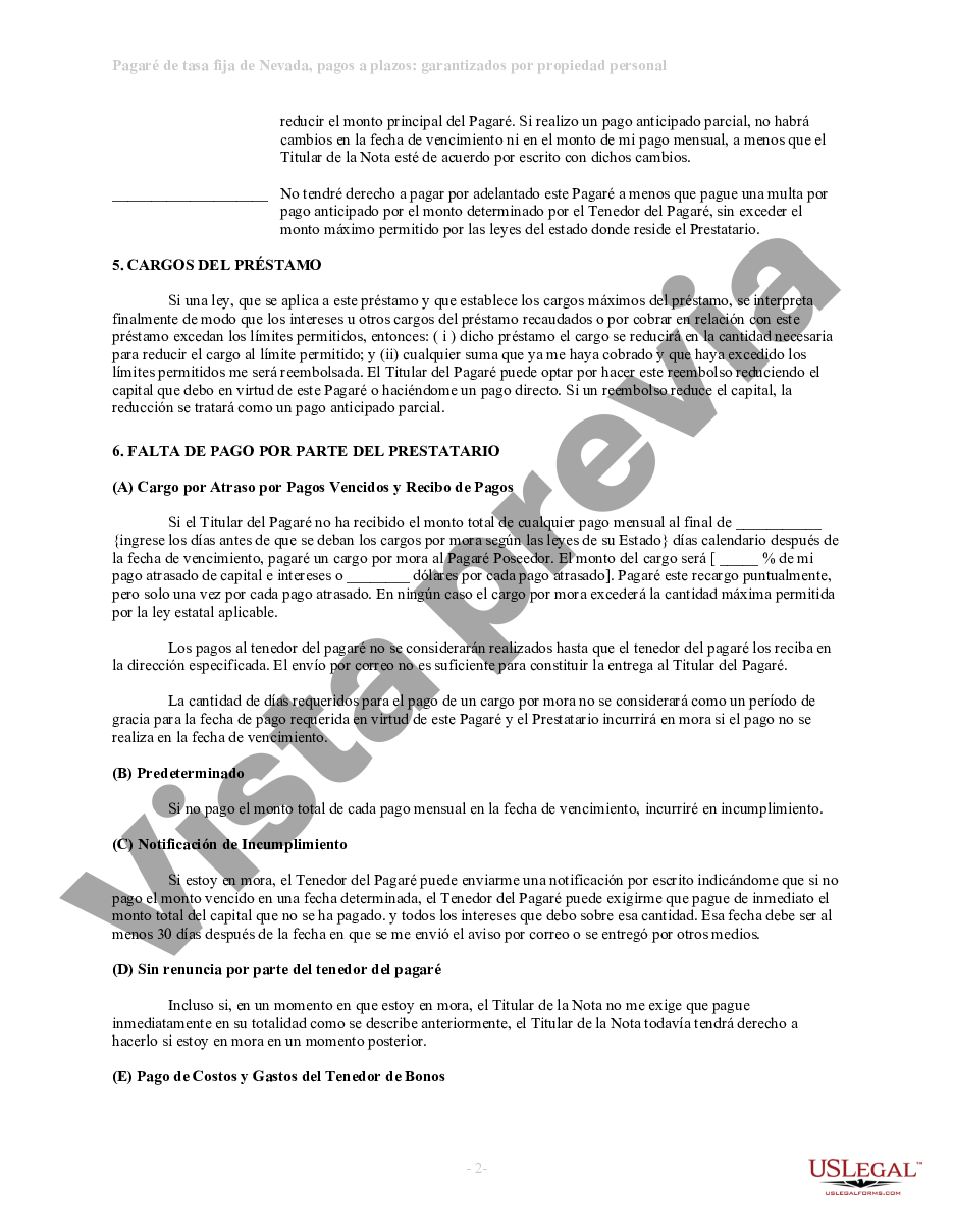 Pagaré De Tasa Fija A Plazos De Nevada Garantizado Por Propiedad Personal Us Legal Forms 9746