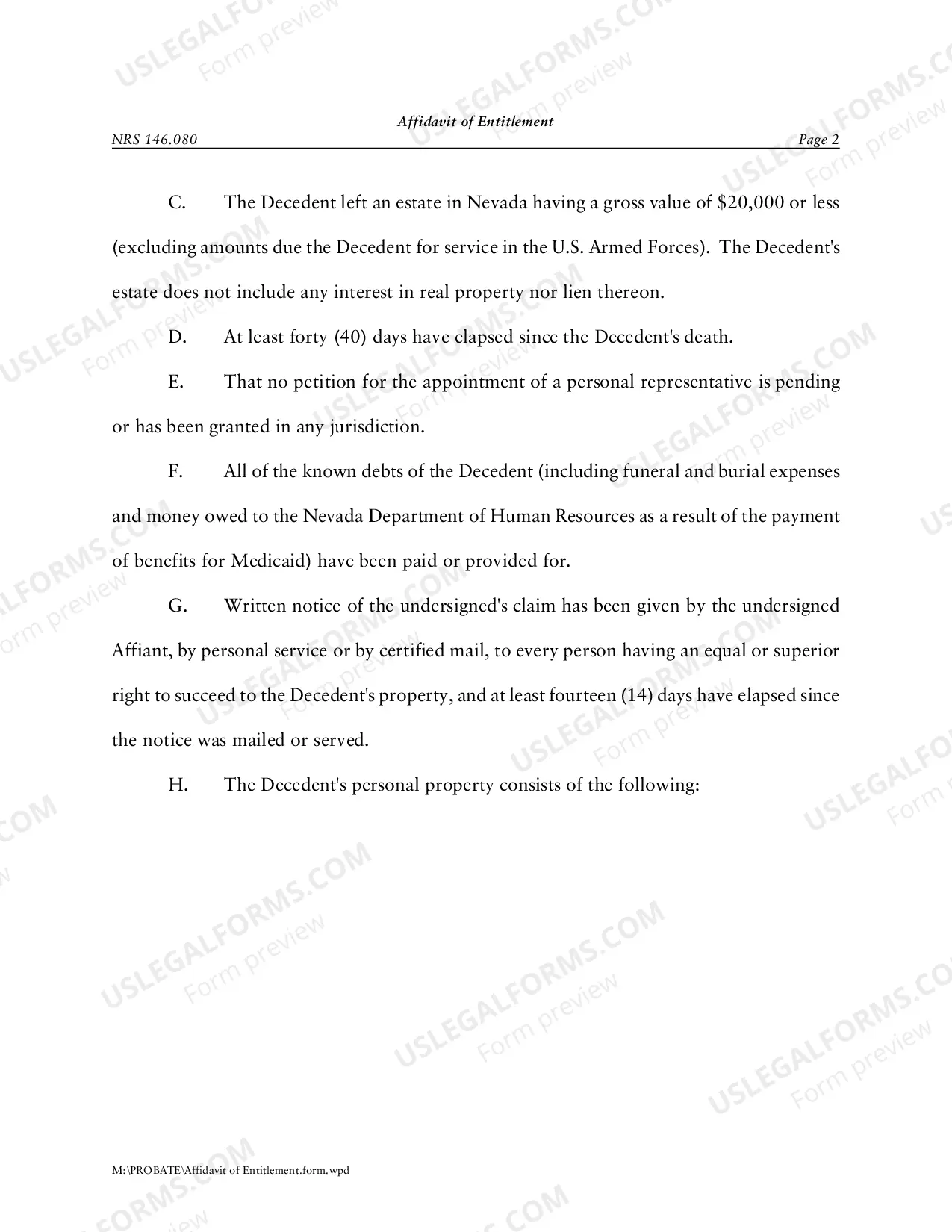 Preview Affidavit of Entitlement to Decedent's Estate of Less Than $100,000