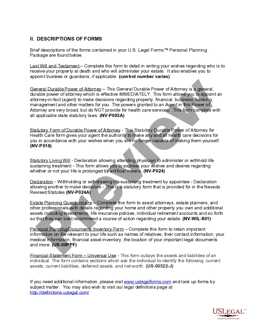 Get Nevada Life Documents Planning Package, including Will, Power of Attorney and Living Will Preview Nevada Life Documents Planning Package, including Will, Power of Attorney and Living Will