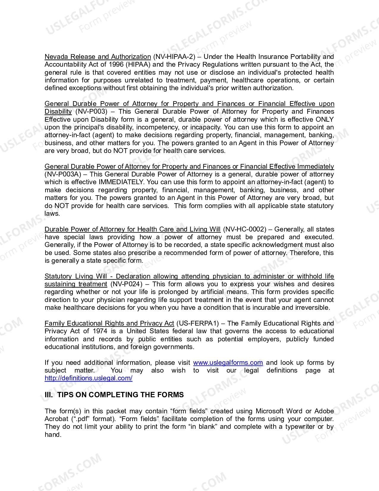 Preview Nevada Young Adult Power of Attorney Package