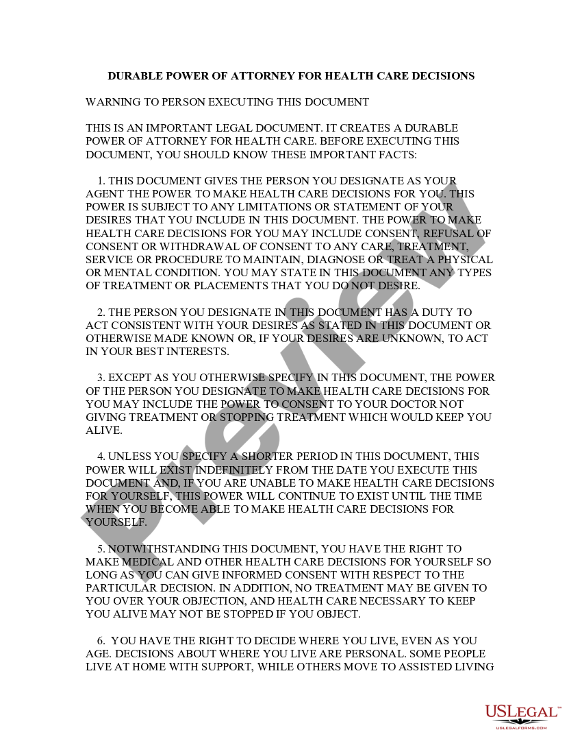 page 0 Statutory Durable Power of Attorney for Health Care preview