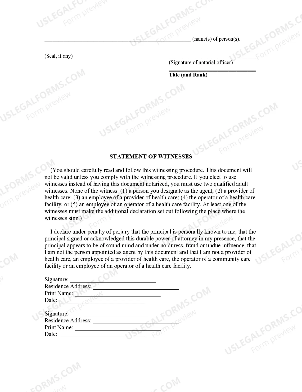 Preview Statutory Durable Power of Attorney for Health Care