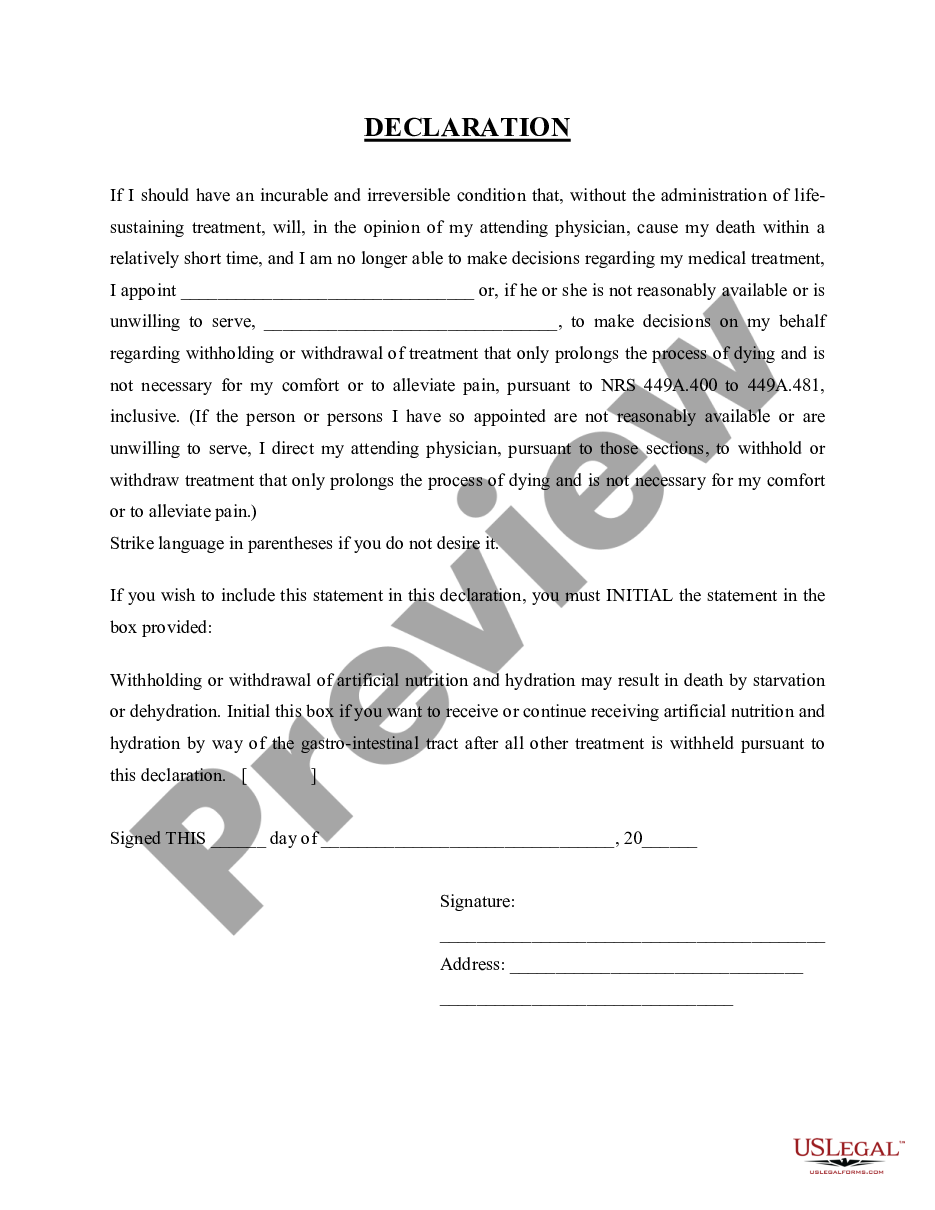 page 0 Statutory Healthcare Declaration - Withholding or Withdrawing Life-Sustaining Treatment by an Appointee, Allowing Another to Make Decisions preview