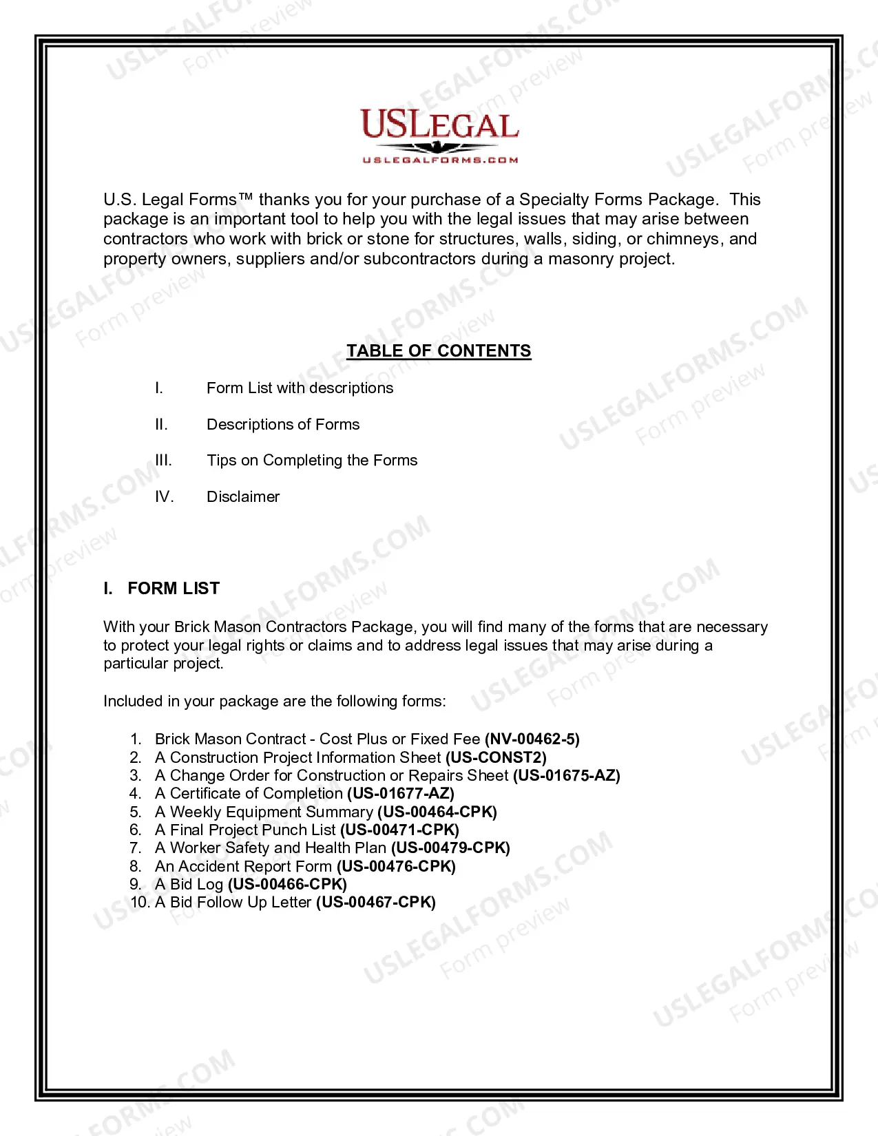 Preview Nevada Brick Mason Contractor Package