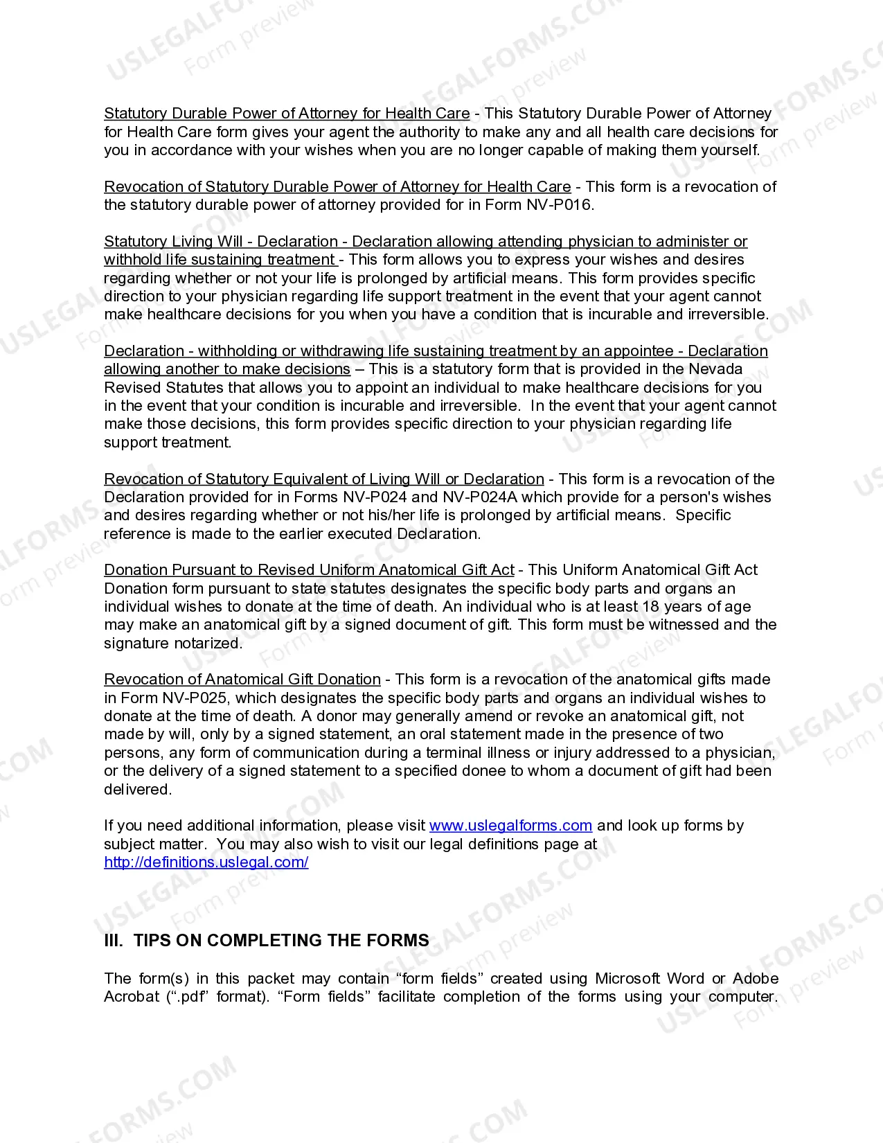 Preview Nevada Living Wills and Health Care Package