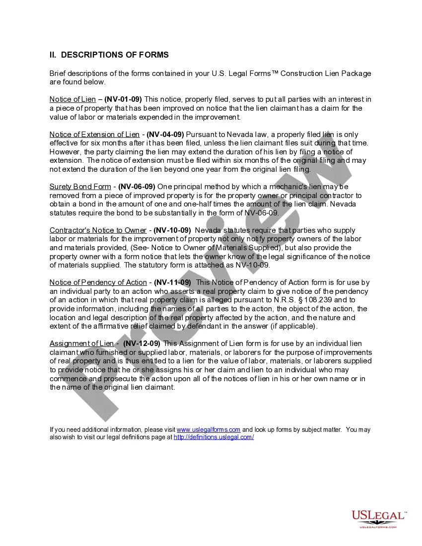 Preview Nevada Construction or Mechanics Lien Package - Individual