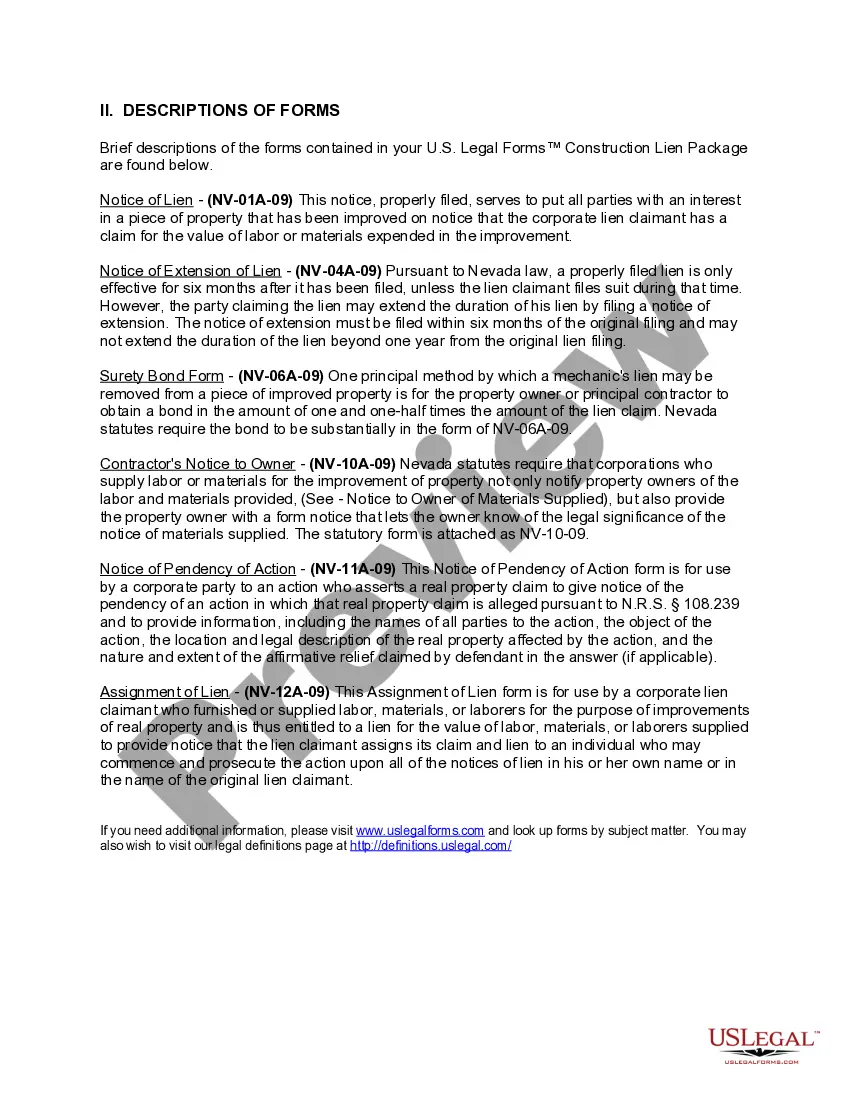 Preview Nevada Construction or Mechanics Lien Package - Corporation or LLC