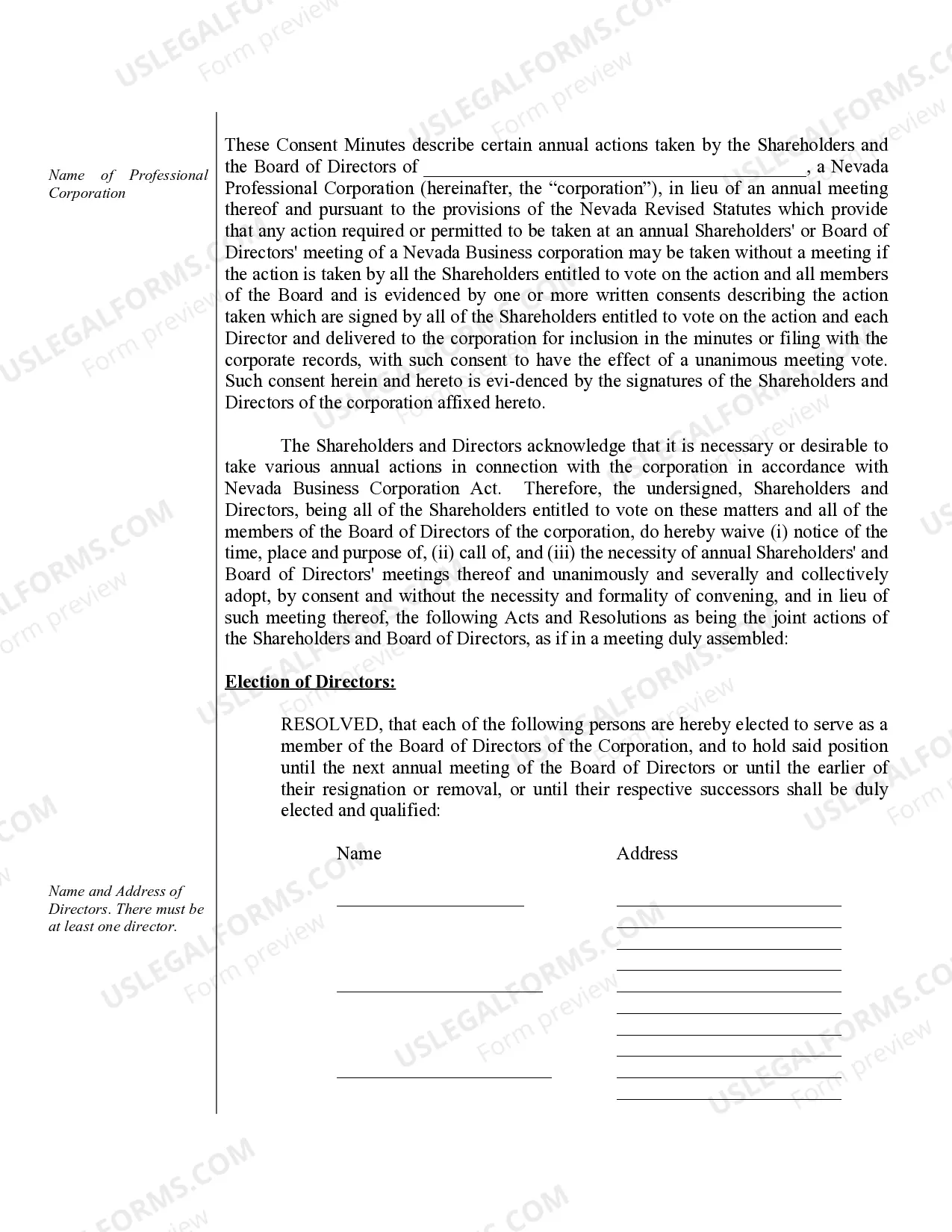 Preview Sample Annual Minutes for a Nevada Professional Corporation
