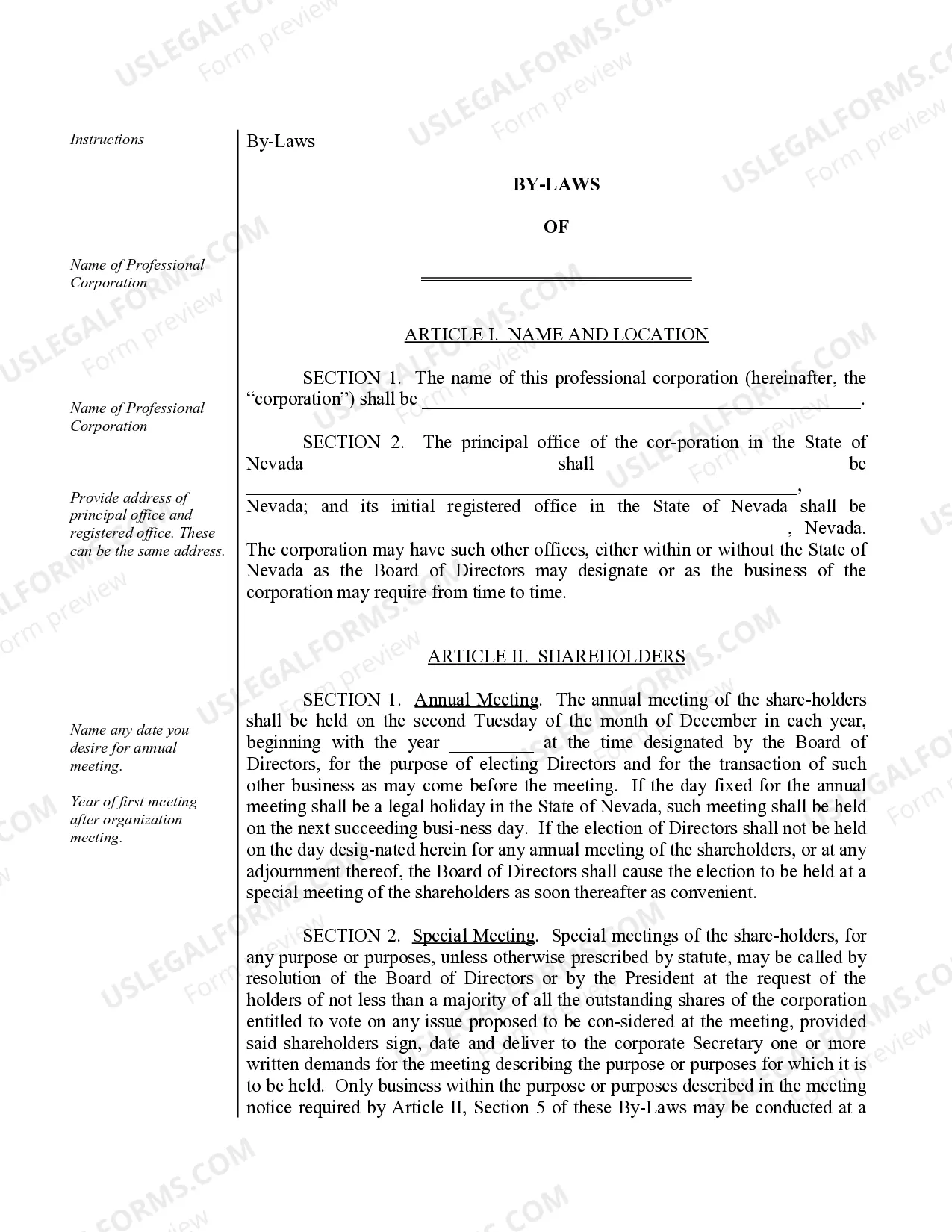 Preview Sample Bylaws for a Nevada Professional Corporation