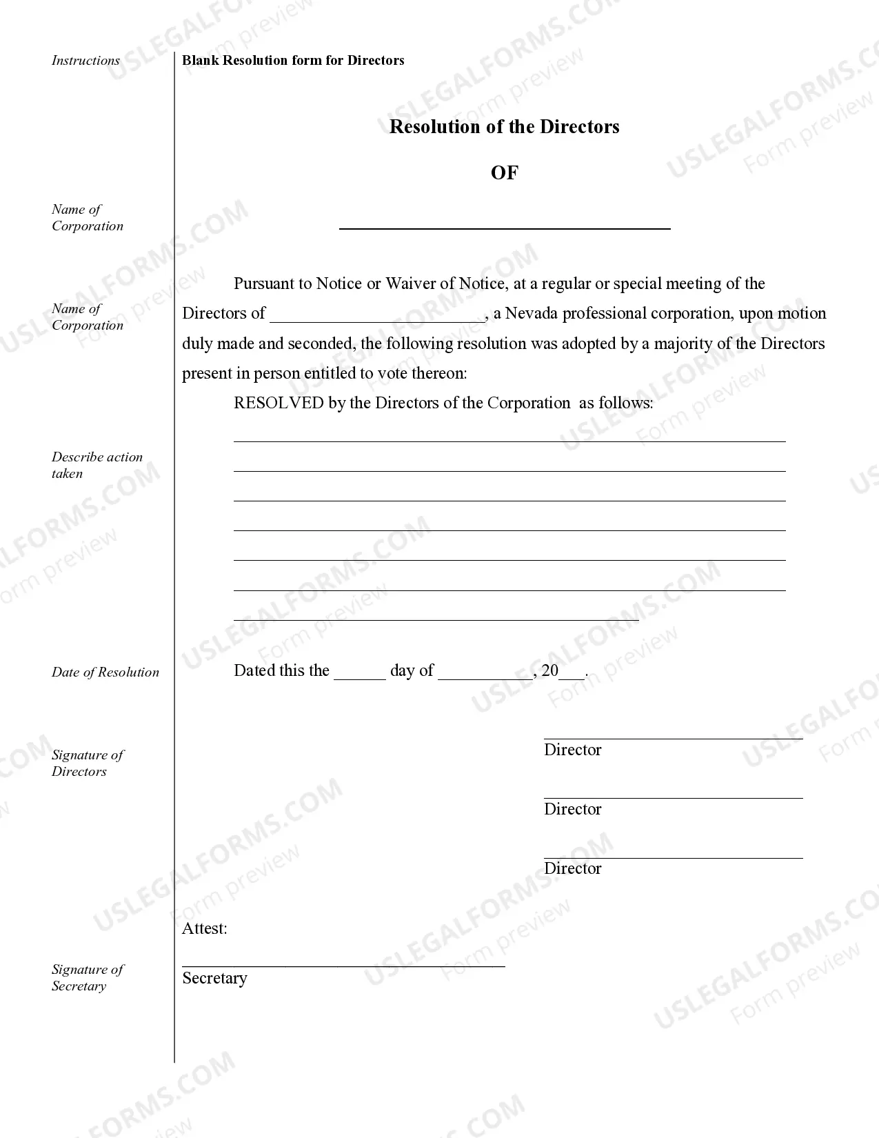 Preview Sample Corporate Records for a Nevada Professional Corporation