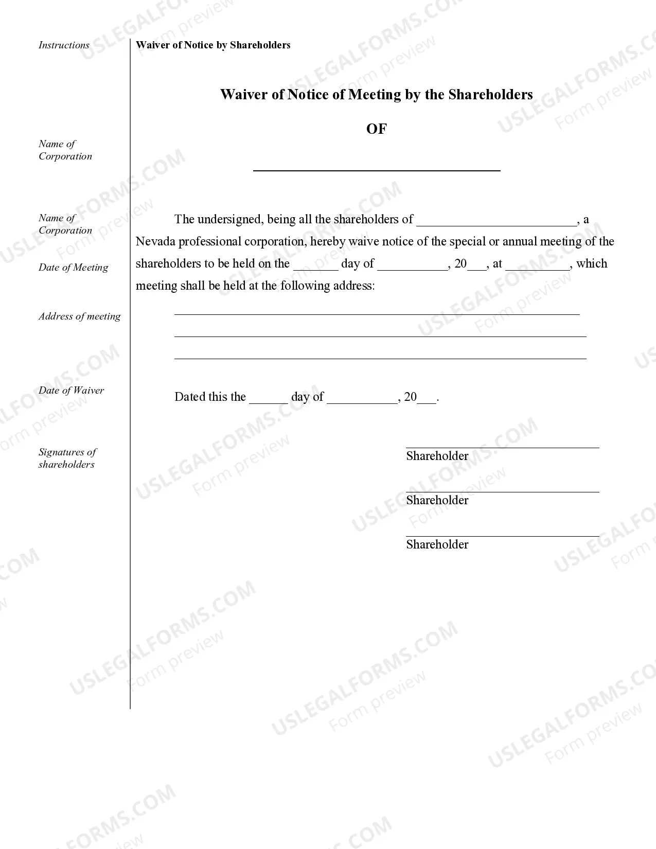 Preview Sample Corporate Records for a Nevada Professional Corporation