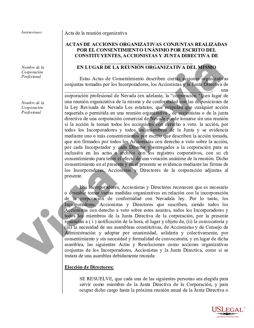 Preview Ejemplo de actas de organización para una corporación profesional de Nevada