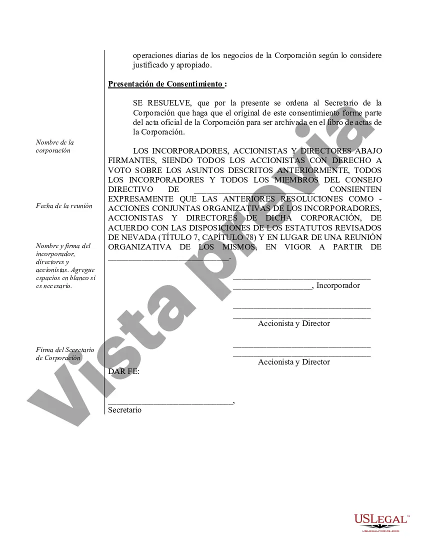 Preview Ejemplo de actas de organización para una corporación profesional de Nevada