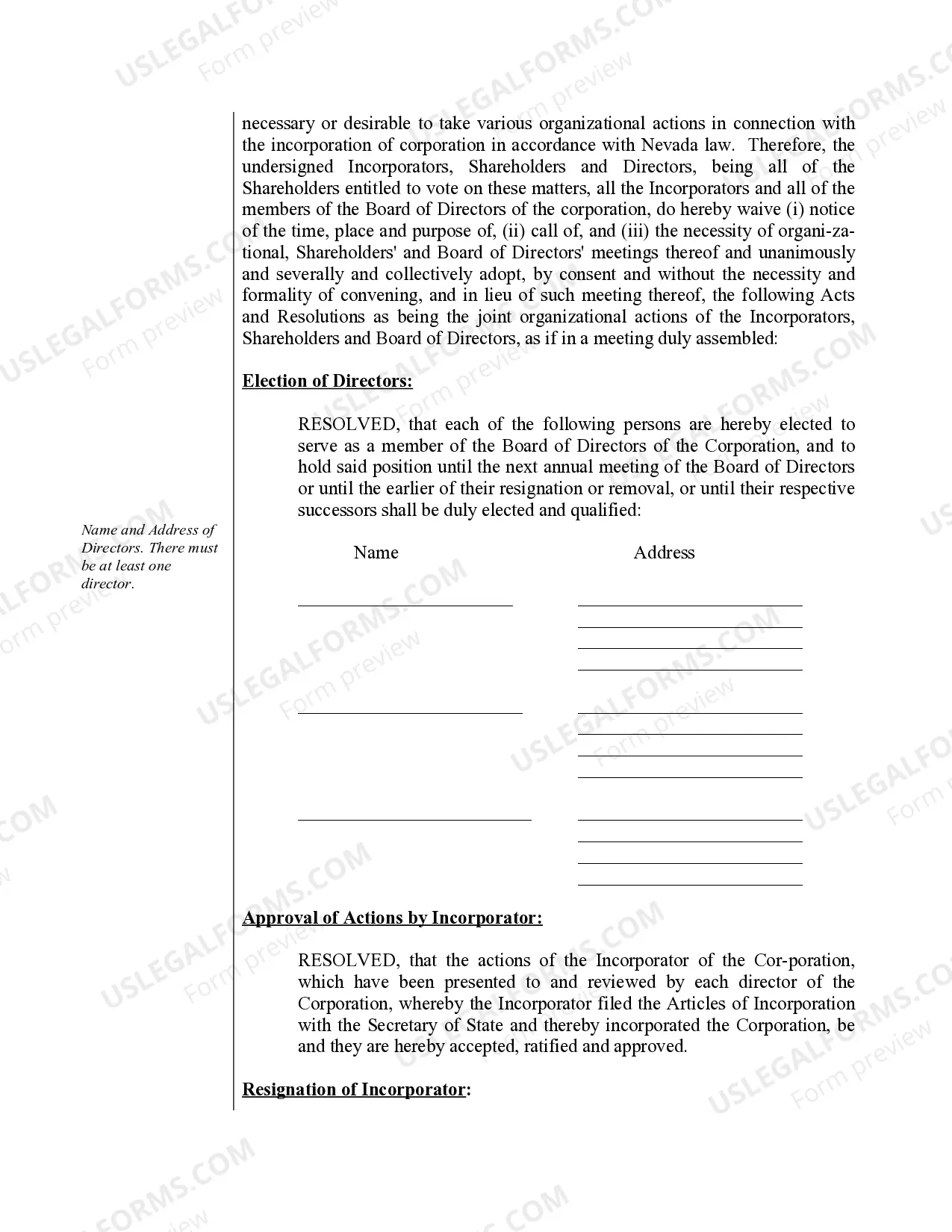 Preview Sample Organizational Minutes for a Nevada Professional Corporation