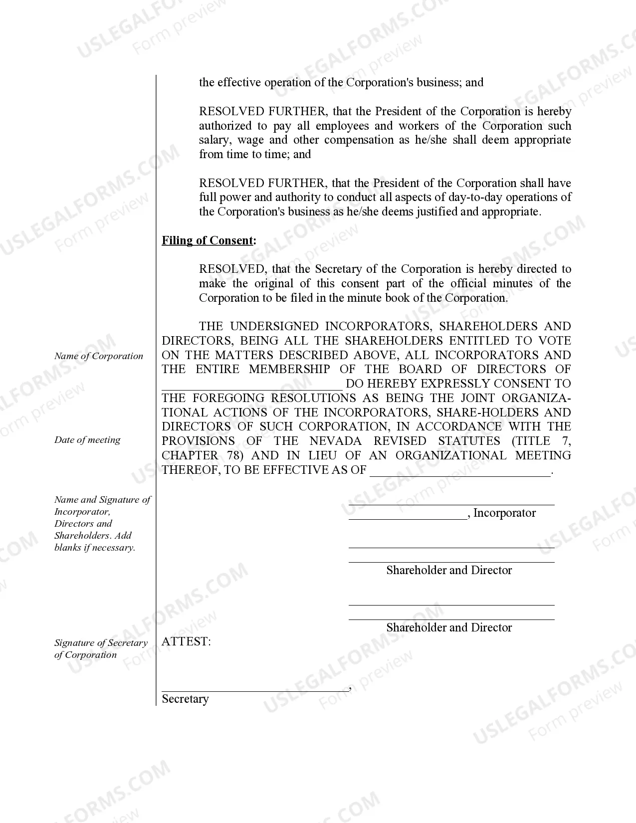 Preview Sample Organizational Minutes for a Nevada Professional Corporation