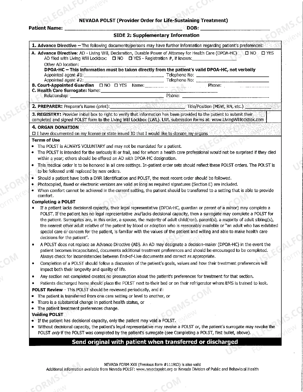 Preview Nevada Provider Order for Life Sustaining Treatment