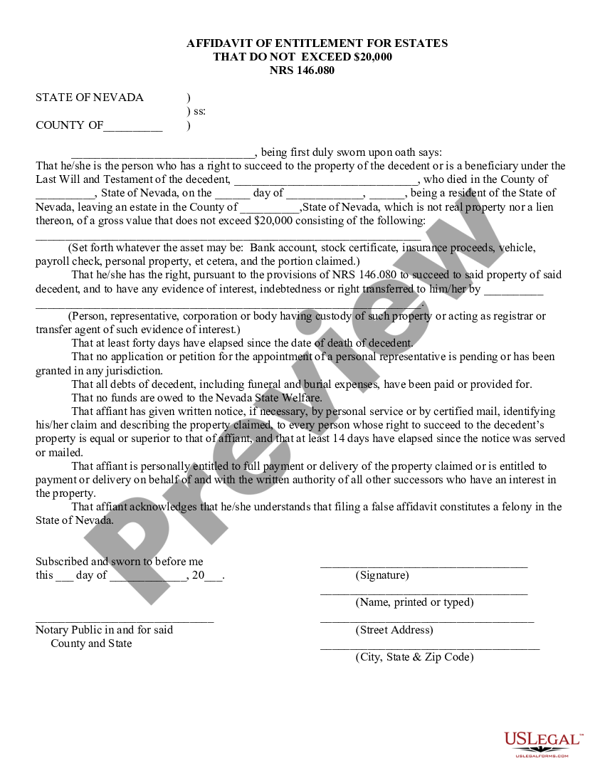 Nevada Affidavit Of Entitlement For Estates That Do Not Exceed 20000 Nrs146080 Us Legal Forms 1261