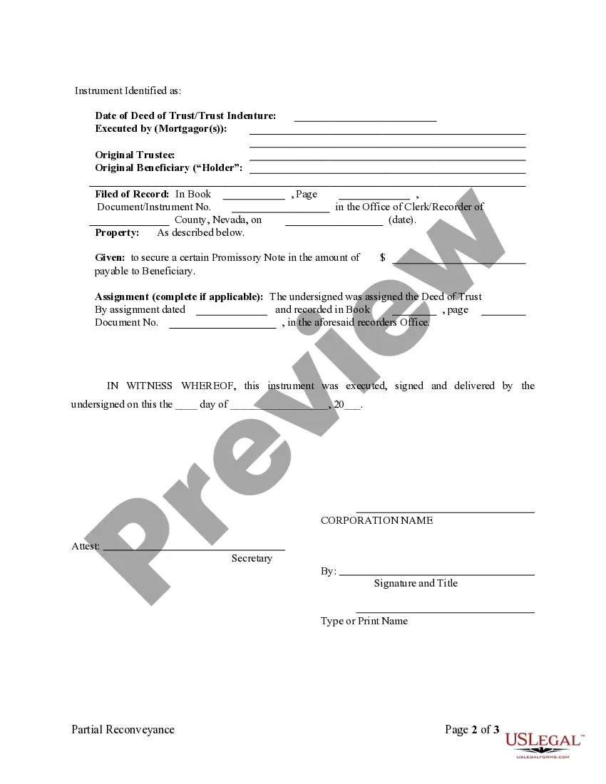 Preview Partial Release of Property From Deed of Trust for Corporation