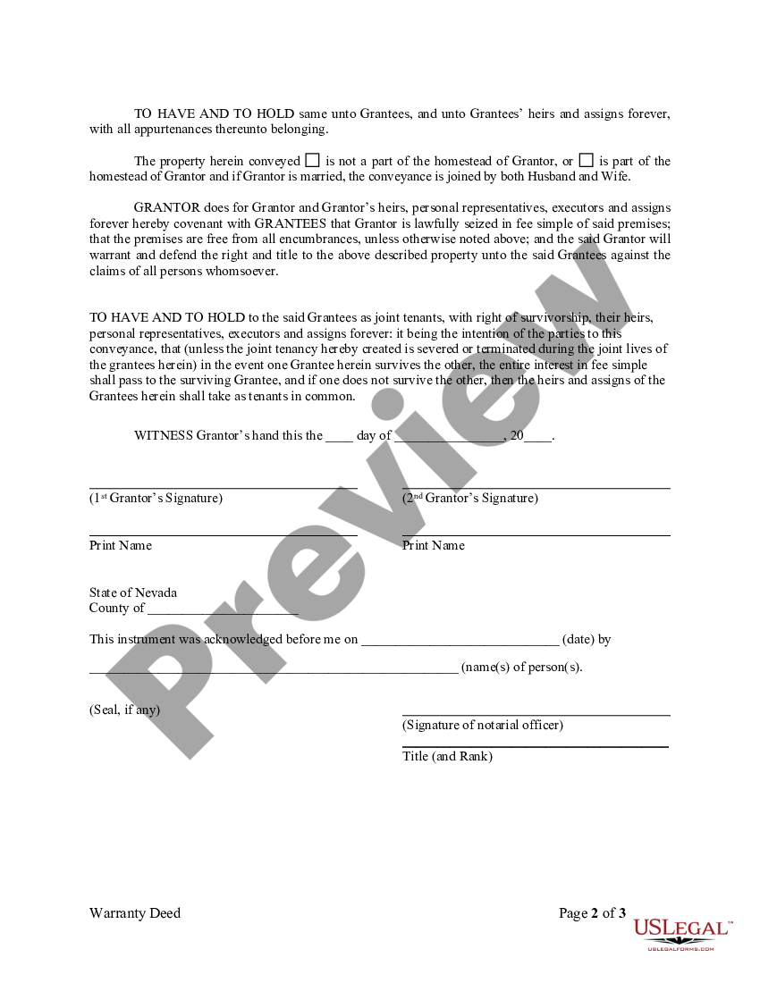 Nevada Warranty Deed for Husband and Wife Converting Property from ...