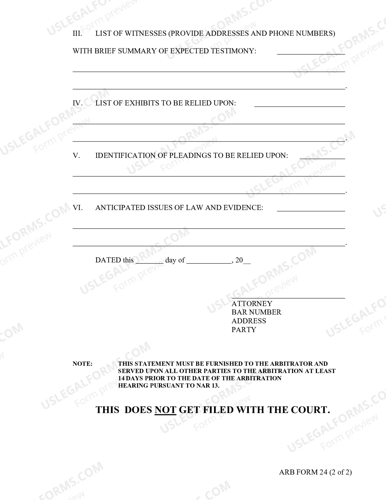 Preview Arbitration Pre-Hearing Statement